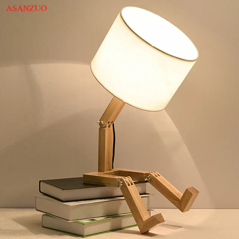 Nordic Art Wooden Robot Shaped Table Lamp Modern Living Room Bedroom bedside lamp Study Decor LED Desk Lamp E14 - Lampe Chevet Design