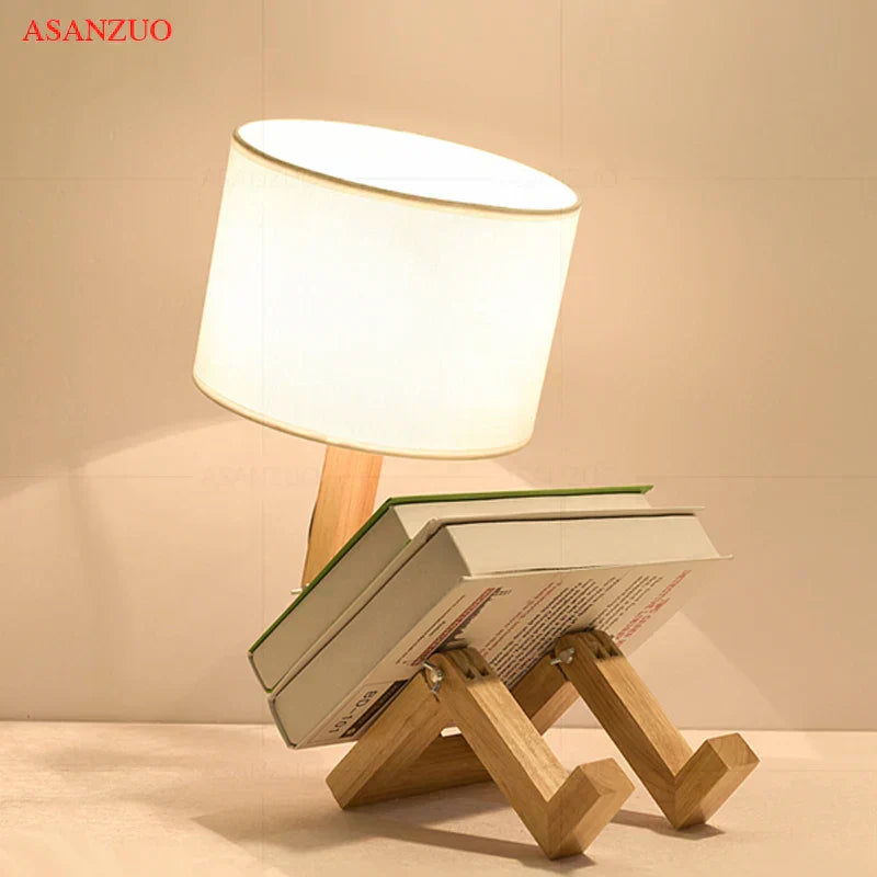 Nordic Art Wooden Robot Shaped Table Lamp Modern Living Room Bedroom bedside lamp Study Decor LED Desk Lamp E14 - Lampe Chevet Design