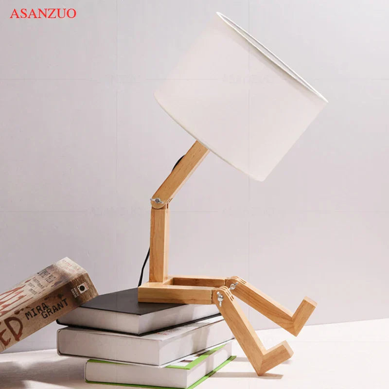 Nordic Art Wooden Robot Shaped Table Lamp Modern Living Room Bedroom bedside lamp Study Decor LED Desk Lamp E14 - Lampe Chevet Design