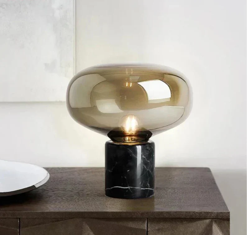 Lampe de chevet champignon marbre noir verre fumé - Lampe Chevet Design