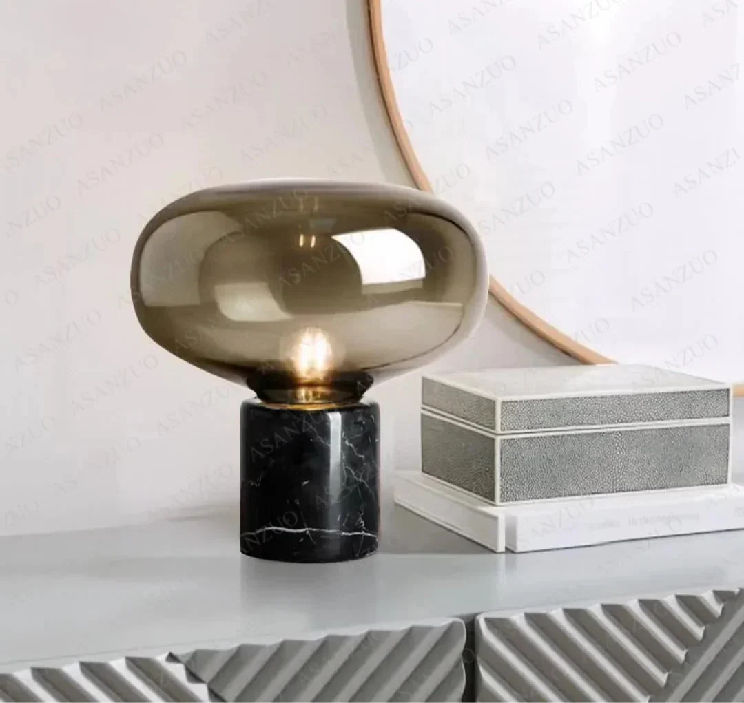 Lampe de chevet champignon marbre noir verre fumé - Lampe Chevet Design