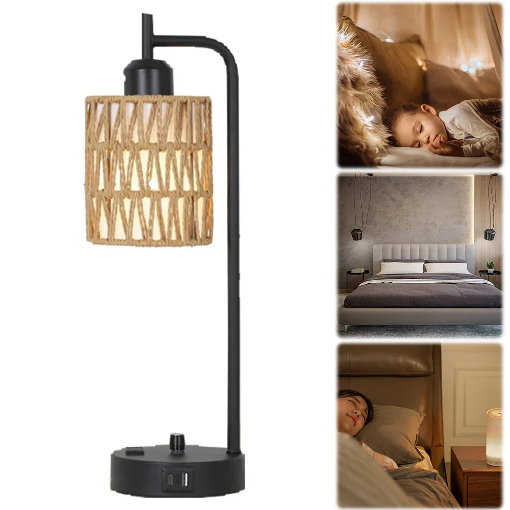 Rattan Table Lamp Dimmable Nightstand Lamp with USB C and USB A Ports Desk Lamp for Living Room Office Reading Desk - Lampe Chevet Design