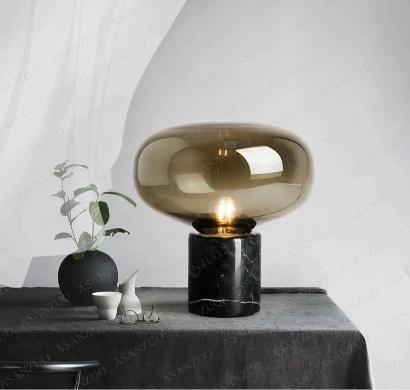 Lampe de chevet champignon marbre noir verre fumé - Lampe Chevet Design