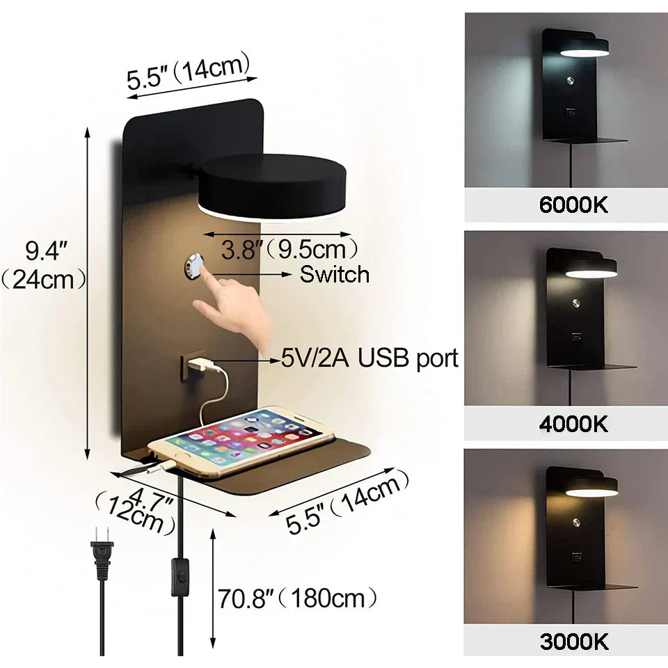 Lampe de Chevet Tactile Murale avec Chargeur de Téléphone - Lampe Chevet Design
