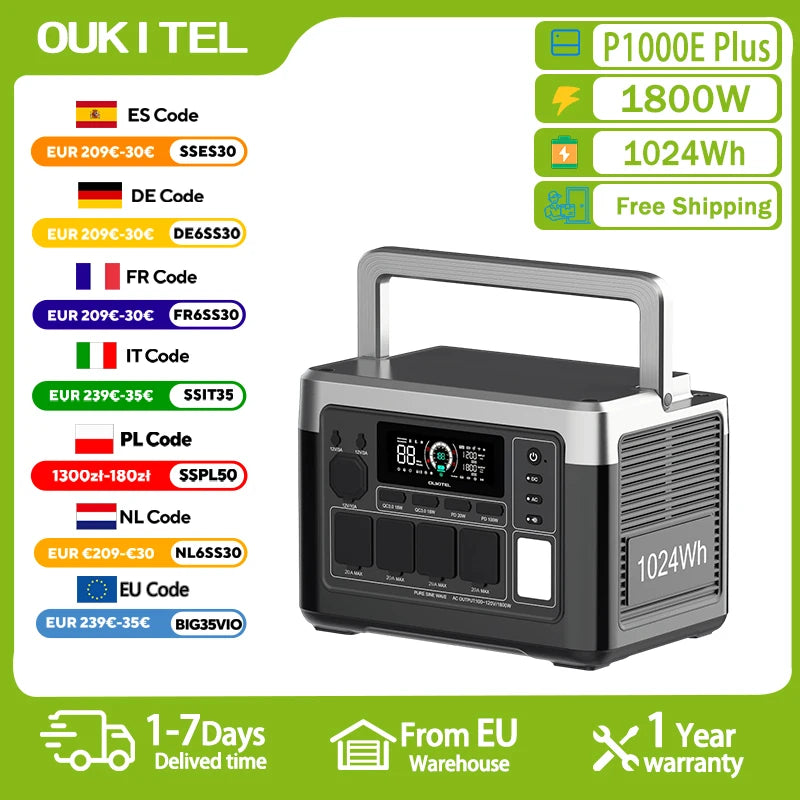 OUKITEL P1000 PLUS Tragbare Powerstation 1800W Solargenerator 1024Wh LiFePO4-Akku Notstromversorgung für Zuhause, Camping und unterwegs