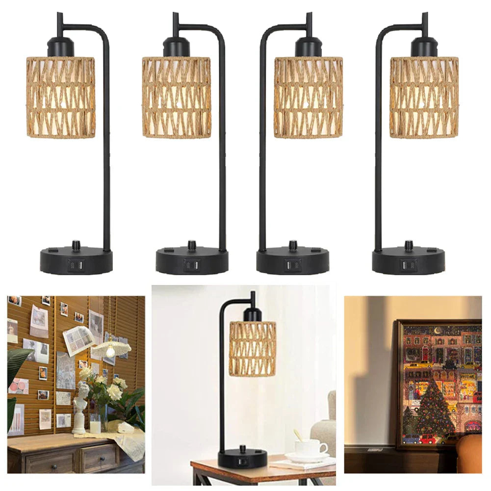 Rattan Table Lamp Dimmable Nightstand Lamp with USB C and USB A Ports Desk Lamp for Living Room Office Reading Desk - Lampe Chevet Design