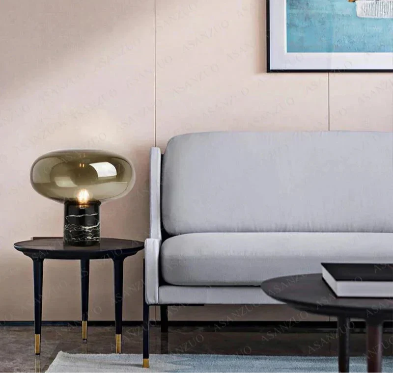 Lampe de chevet champignon marbre noir verre fumé - Lampe Chevet Design