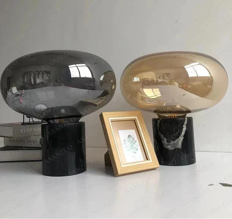 Lampe de chevet champignon marbre noir verre fumé - Lampe Chevet Design