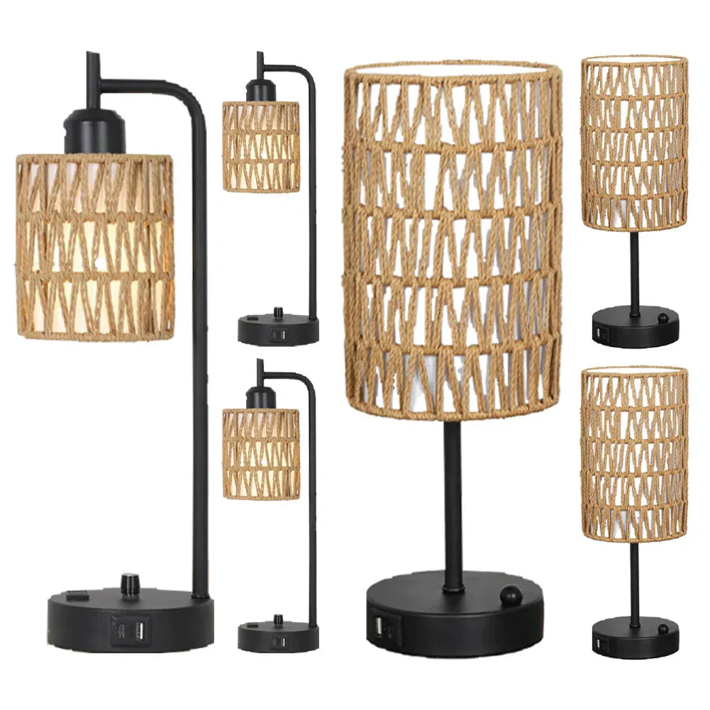 Rattan Table Lamp Dimmable Nightstand Lamp with USB C and USB A Ports Desk Lamp for Living Room Office Reading Desk - Lampe Chevet Design