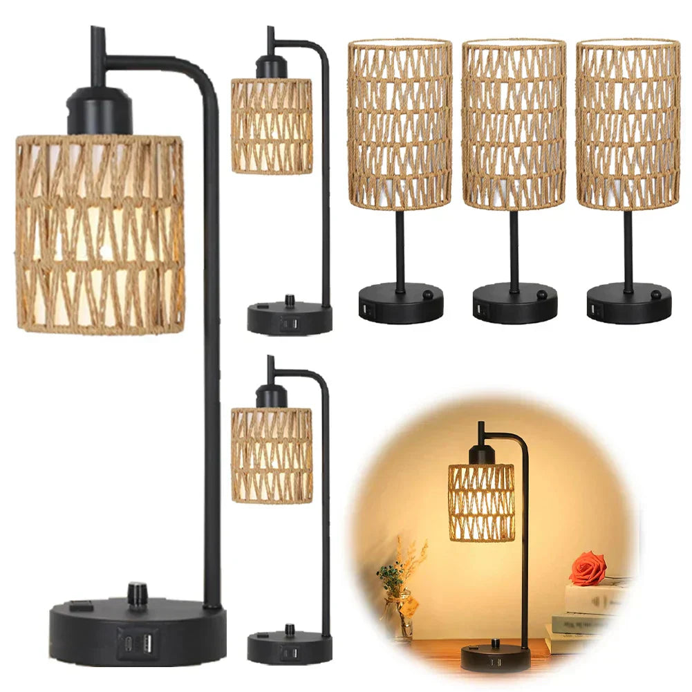 Rattan Table Lamp Dimmable Nightstand Lamp with USB C and USB A Ports Desk Lamp for Living Room Office Reading Desk - Lampe Chevet Design