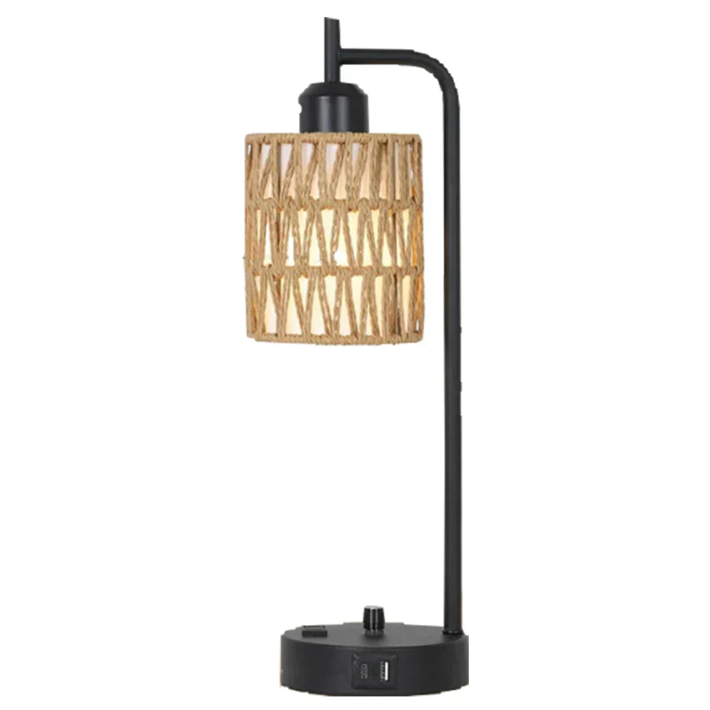 Rattan Table Lamp Dimmable Nightstand Lamp with USB C and USB A Ports Desk Lamp for Living Room Office Reading Desk - Lampe Chevet Design