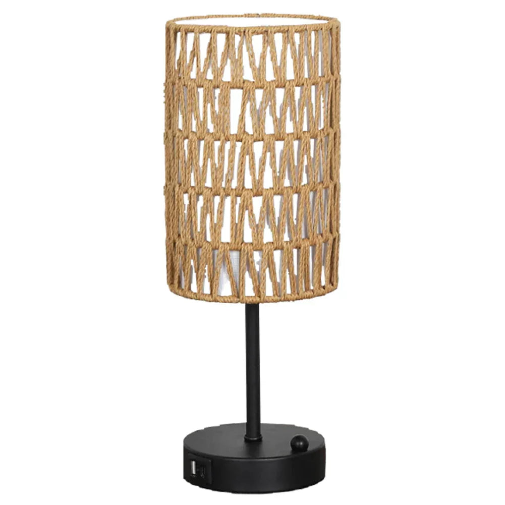 Rattan Table Lamp Dimmable Nightstand Lamp with USB C and USB A Ports Desk Lamp for Living Room Office Reading Desk - Lampe Chevet Design